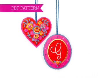 Felt PDF Pattern, Heart Ornaments, DIY ornament, Valentine's crafts, Wool felt pattern, Felt flowers, Monogram pattern, Cottagecore decor