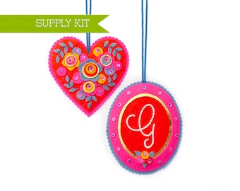 Heart and Monogram Ornament Supply kit, Embroidery Kit, Valentine Gift, Felt Ornament Kit, DIY Ornament Kit, Valentine's Kit, Heart Pattern