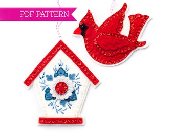 Cardinal PDF Pattern, Bird House Christmas Ornament, DIY holiday, Sequin Craft, Sewing tutorial, Wool felt pattern, Gifts for her, Bird PDF
