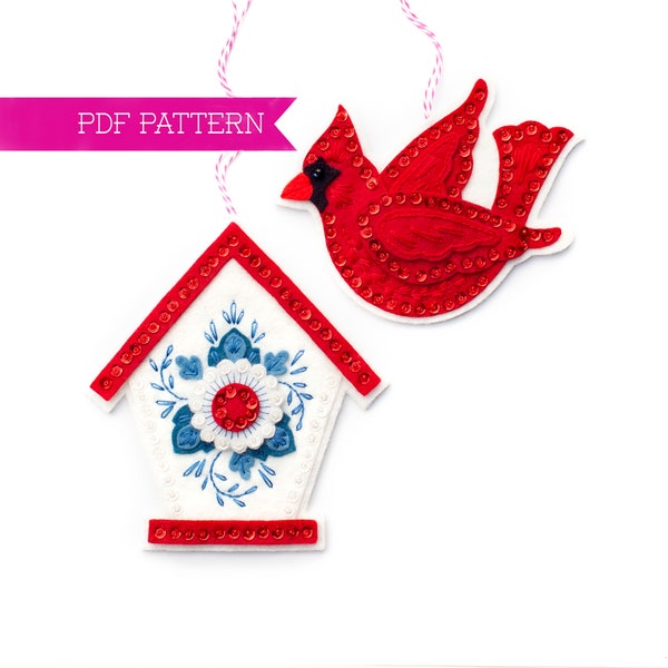 Cardinal PDF Pattern, Bird House Christmas Ornament, DIY holiday, Sequin Craft, Tutoriel de couture, Modèle de feutre de laine, Cadeaux pour elle, Bird PDF