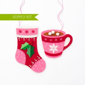 Stocking Ornament Kit, DIY Craft kit, Christmas craft, Christmas supply kit, Wool Felt Ornament, Embroidery Pattern, Cottagecore