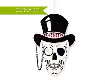 Skull Top Hat Ornament Kit, DIY Craft kit, Halloween craft, Halloween supply kit, Wool Felt Ornament, Embroidery Pattern, Spooky Cottagecore