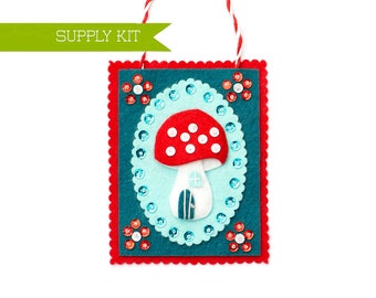 Red Mushroom Ornament Kit, DIY Craft kit, Ornament Pattern, Felt Ornament, Embroidery Pattern, Supply kit, Christmas Crafts, Felt Ornament