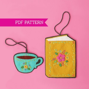 Felt Ornament, Book Lover, Felt Ornament Pattern, Teacup Ornament, Christmas Ornament, Ornament Pattern, Book Ornament, PDF pattern, Tea