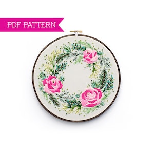 Rose Embroidery Pattern, DIY Floral Wall Art, Winter Embroidery, Modern Embroidery, Xmas Pattern, PDF Pattern, Modern Cross Stitch image 1