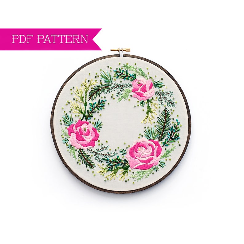 Rose Embroidery Pattern, DIY Floral Wall Art, Winter Embroidery, Modern Embroidery, Xmas Pattern, PDF Pattern, Modern Cross Stitch image 1