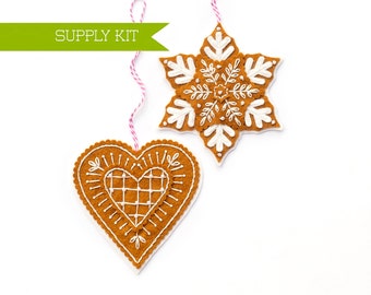 Gingerbread Ornament Kit, Snowflake Supply Kit, Heart Ornament, DIY Craft kit, Christmas craft, Xmas supply kit, Wool Felt, Holiday Pattern