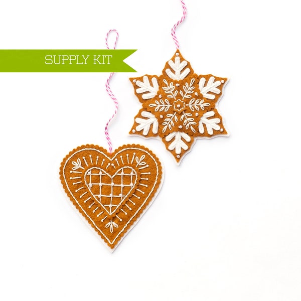 Gingerbread Ornament Kit, Snowflake Supply Kit, Heart Ornament, DIY Craft kit, Christmas craft, Xmas supply kit, Wool Felt, Holiday Pattern