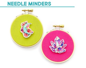 Crystals or Crescent Moon Needle Minder, Witchy Needleminder, Embroidery Accessory, Needle holder, Needle keeper, Needle magnet