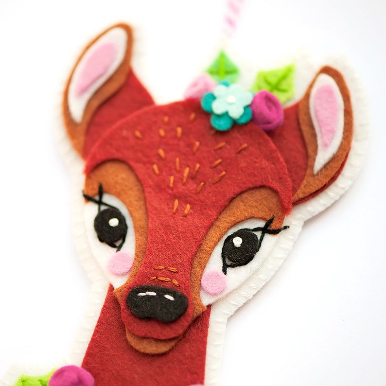 Felt PDF Pattern, Reindeer Ornament, Christmas Ornament, Deer Embroidery Pattern, Felt Deer, Woodland Animal, Felt flowers, Deer Softie image 4