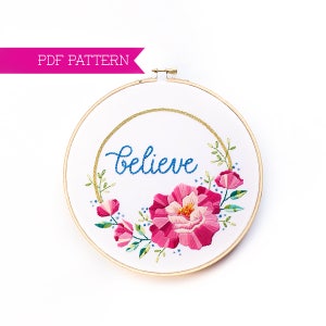 Flower Embroidery Pattern, Floral Embroidery Design, Flower Pattern, One Word, PDF Pattern, Hoop Art, Hand Embroidery, Floral Letter image 1