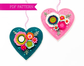 Felt PDF Pattern, Heart Ornaments, DIY ornament, Valentine's crafts, Wool felt pattern, Felt flowers, Sewing PDF pattern, Cottagecore decor