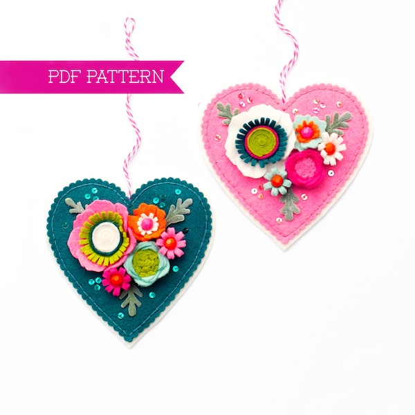 Felt PDF Pattern, Heart Ornaments, DIY ornament, Valentine's crafts, Wool felt pattern, Felt flowers, Sewing PDF pattern, Cottagecore decor