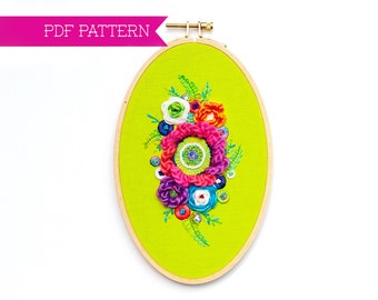 PDF Embroidery Pattern, Yarn Flower Pattern, Raised Embroidery, Floral Embroidery Design, DIY embroidery, Digital Download, Cottagecore