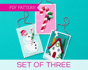 Set of 3 PDF Felt Patterns, Cottage Ornament, Vintage Snowman, Candy Cane, Christmas Ornament, Wool felt, Holiday Ornaments, DIY Ornaments