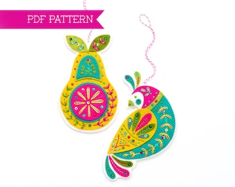 Felt PDF Pattern, Partridge and Pear Ornaments, Christmas Ornament, DIY ornament, Christmas crafts, Wool felt pattern, 12 days of Christmas