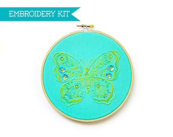 6-inch Butterfly On Aqua Embroidery Supply Kit, DIY Kit, Moth Sewing Pattern, DIY Craft Kit, Modern Embroidery, Needlework Kit, Cottagecore