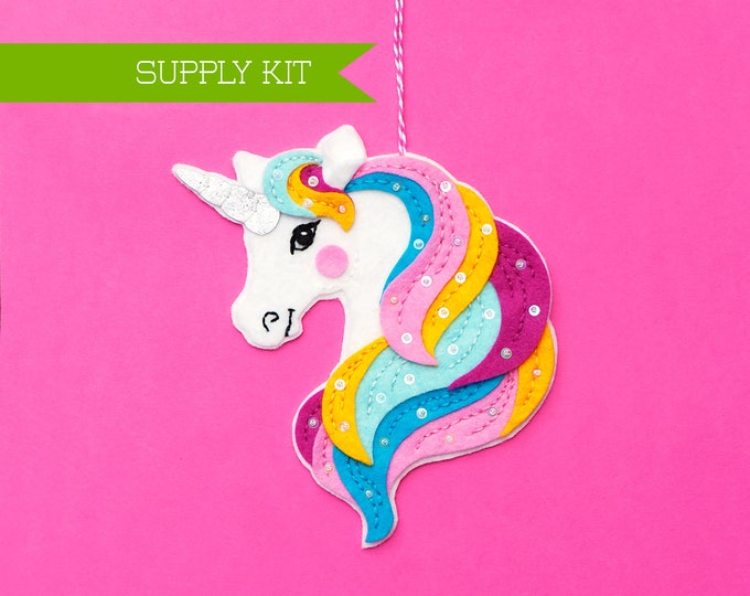 Unicorn Ornament Kit, Sew Your Own Unicorn, Wool Felt Ornament Pattern