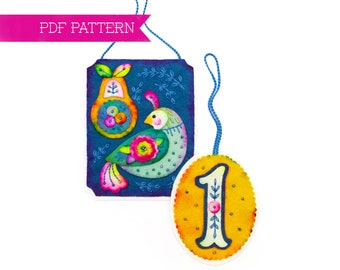 Doce Días De Navidad Patrones PDF #1, Adornos Pera Perdiz, Adorno DIY, Manualidades navideñas, Patrón fieltro de lana, Adornos 12 Días