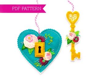 Felt PDF Pattern, Heart Ornaments, DIY ornament, Valentine's crafts, Wool felt pattern, Felt flowers, Sewing PDF pattern, Cottagecore decor