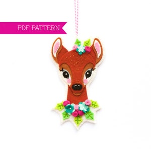 Felt PDF Pattern, Reindeer Ornament, Christmas Ornament, Deer Embroidery Pattern, Felt Deer, Woodland Animal, Felt flowers, Deer Softie image 1