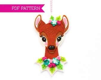 Felt PDF Pattern, Reindeer Ornament, Christmas Ornament, Deer Embroidery Pattern, Felt Deer, Woodland Animal, Felt flowers, Deer Softie