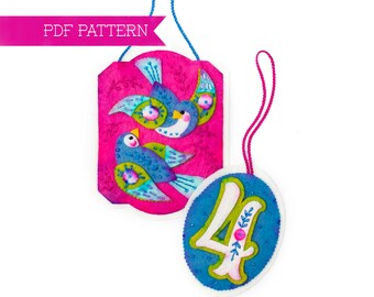 Doce Días De Navidad Patrones PDF #4, Adornos Llamando Pájaros, Adorno DIY, Manualidades navideñas, Fieltro de lana, 12 Días, Adornos de fieltro
