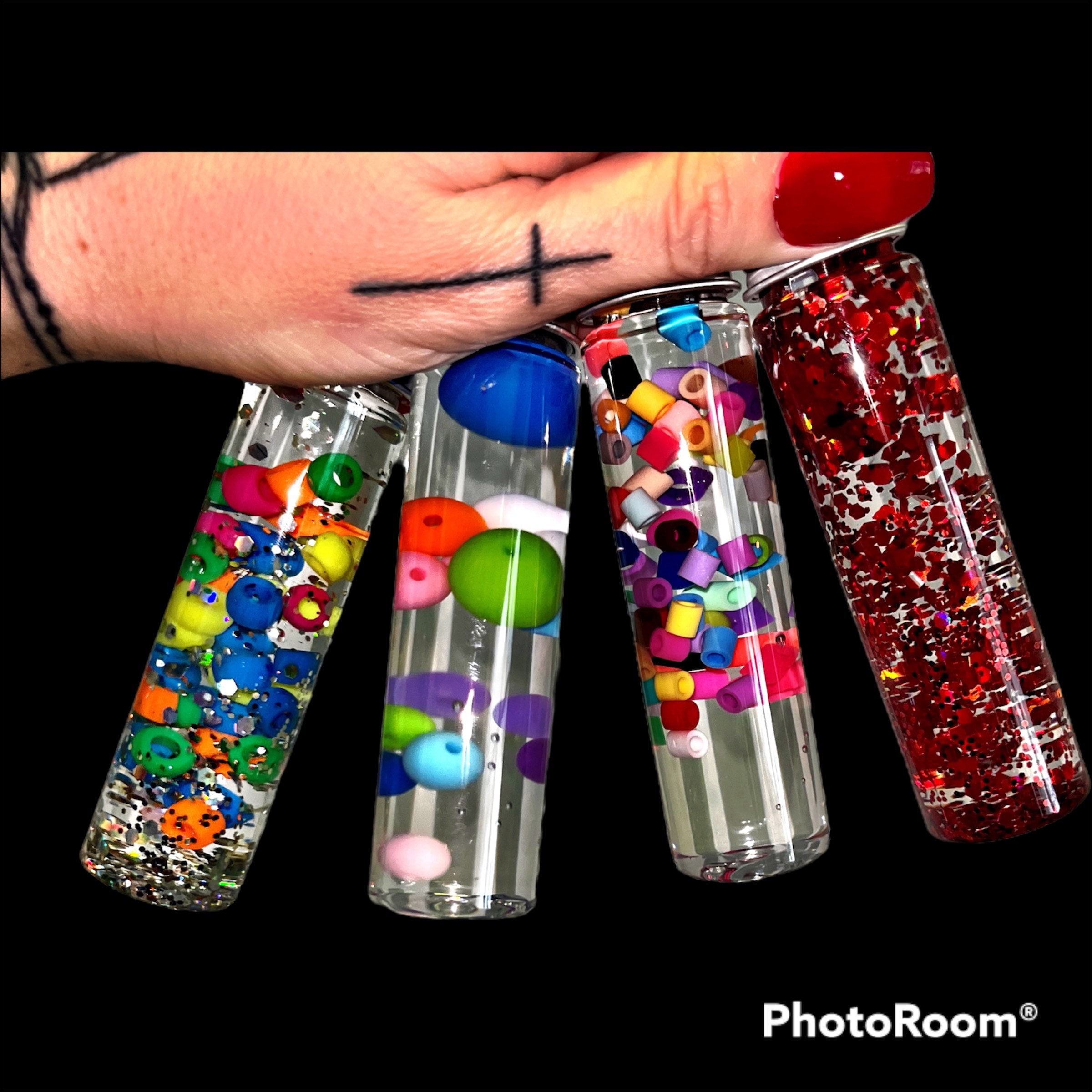 Mini/travel size Sensory Bottles (Calm down bottles) 4 pack with drawstring bag