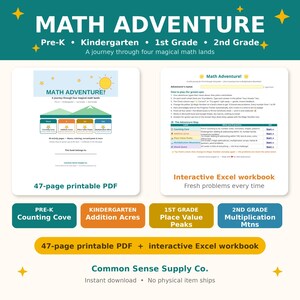 Math Adventure Bundle: Pre-K to 2nd Grade Workbook, 47-Page Printable PDF + Interactive Excel, Counting, Addition, Place Value