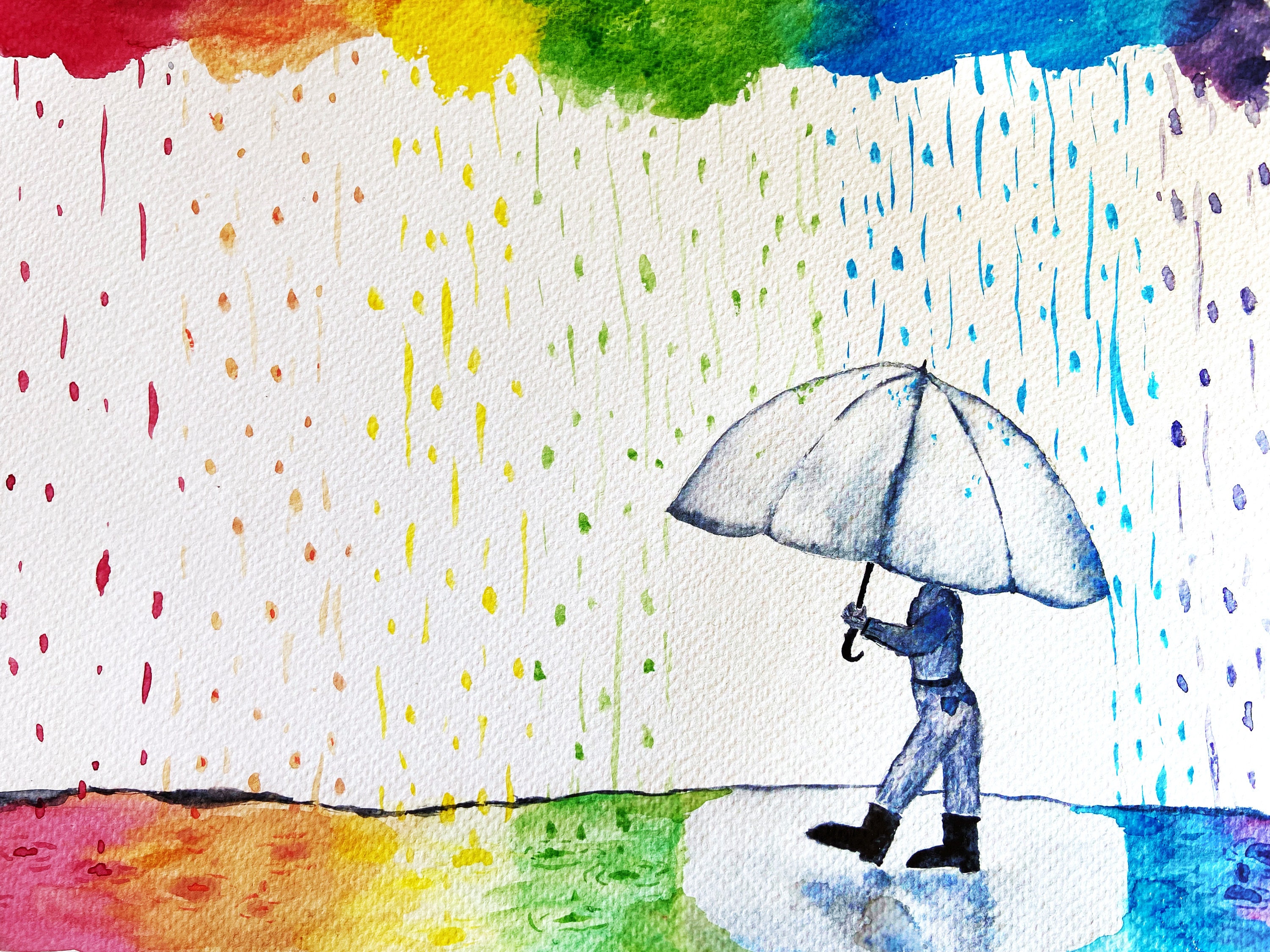 Watercolor Rainbow Rain Umbrella Printable Digital Download Etsy