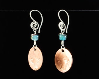 Glass and Copper Disc Earrings: Hand Cut and Stamped Copper, Recycled Lampwork Glass and Sterling Silver Earrings. Ship Free to USA