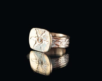Sun and Flower Trail Hand Stamped Copper Ring: Handmade and Stamped Copper by TL Goodwin of Goodwin and Maxwell. Free Ship in USA.
