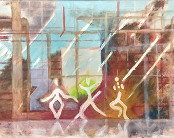 Original Oil Painting:&quot;Three Figures Dancing&quot;- 1987 - Vintage TL Goodwin - Oil on Masonite - Unframed