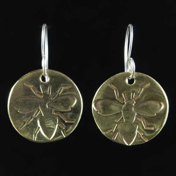 Bronze and Sterling Bee Earrings: Hand formed/hand Stamped Bronze Dangles, stamped with our Original Handmade Stamps. Ship Free to USA