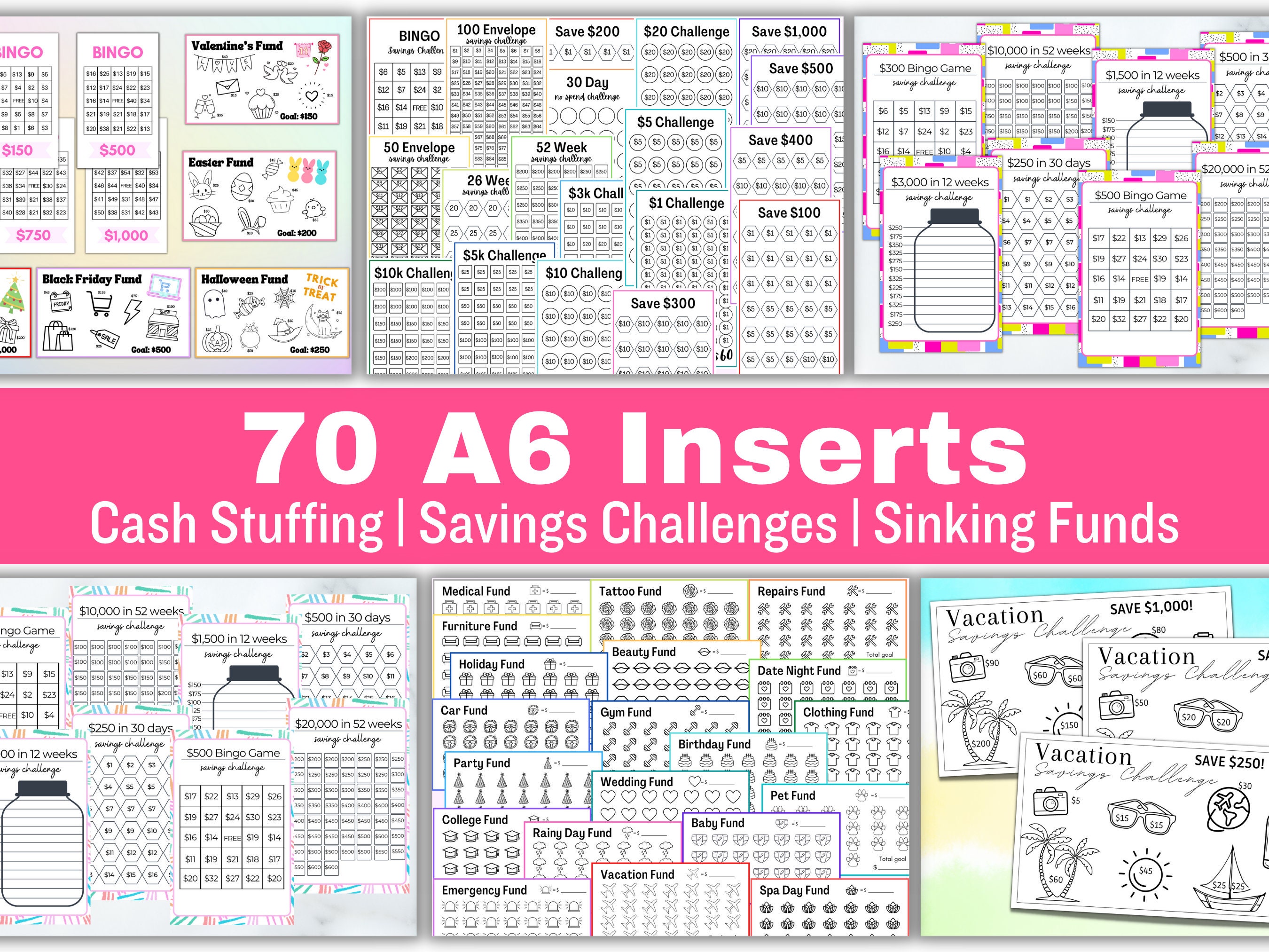 A6 キャッシュスタッフィングインサート：70 の節約チャレンジ