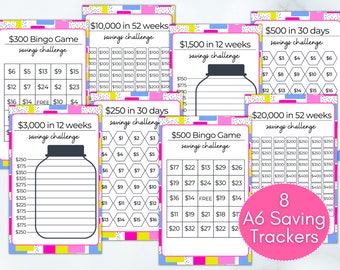 Mini Savings Challenge Bundle | Savings Tracker Fits A6 Budget Binder and Cash Envelopes | Savings Challenge Printable | Set of 8
