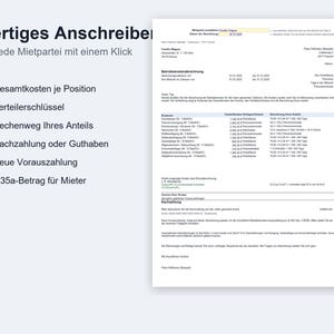 May include: A digital document template for a German rental utility bill, featuring a list of features including total costs, distribution keys, calculation methods, balances, future payments, and tax deduction information.