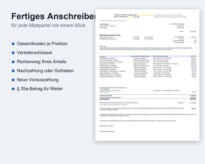 May include: A digital document template for a German rental utility bill, featuring a list of features including total costs, distribution keys, calculation methods, balances, future payments, and tax deduction information.