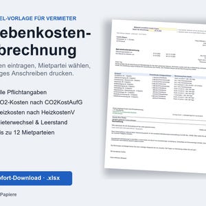 May include: An Excel template for landlords titled Nebenkostenabrechnung, featuring a document preview with financial data, a list of features including CO2 and heating cost calculations, and a blue button labeled Sofort-Download .xlsx.