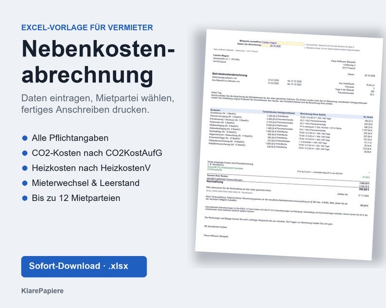 May include: An Excel template for landlords titled Nebenkostenabrechnung, featuring a document preview with financial data, a list of features including CO2 and heating cost calculations, and a blue button labeled Sofort-Download .xlsx.