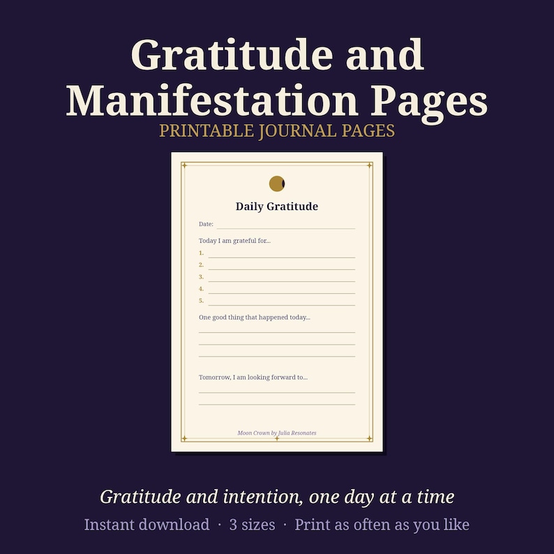 Gratitude and Manifestation Journal Pages | Daily Gratitude Practice Printable | Witchy Moon Journal PDF | Book of Shadows Pages image 1