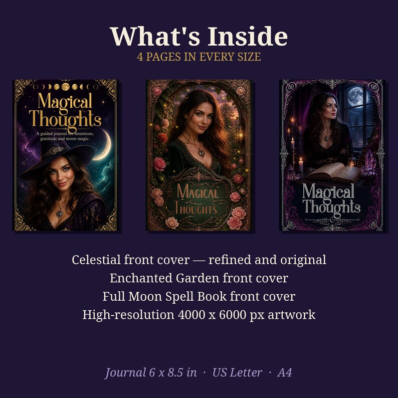 Printable Journal Covers | Magical Thoughts Witchy Cover Art | Celestial, Enchanted Garden, Full Moon | Binder Cover PDF image 2