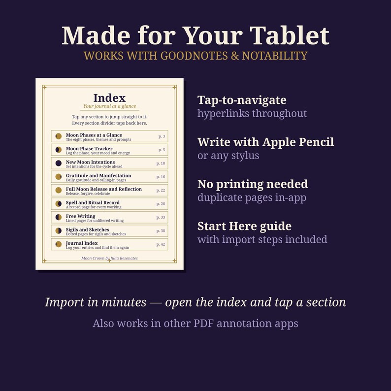 Pode incluir: Uma p&aacute;gina de &iacute;ndice de di&aacute;rio digital para tablets, com se&ccedil;&otilde;es como fases da lua, rastreador, inten&ccedil;&otilde;es, gratid&atilde;o, reflex&atilde;o, registro de rituais, escrita livre e sigilos. O texto inclui Made for Your Tablet, Works with Goodnotes & Notability.
