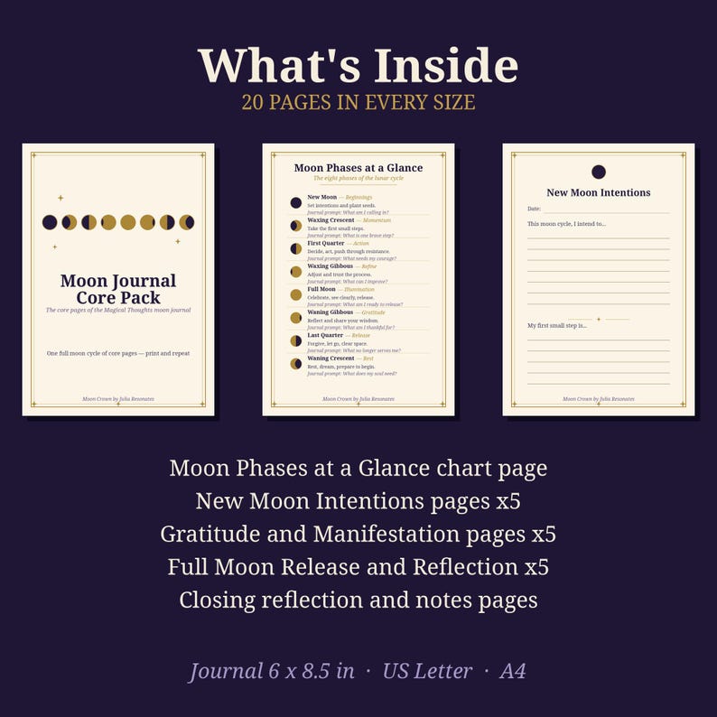 Moon Journal Core Pack Printable | Moon Phases Chart, New Moon Intentions, Gratitude and Full Moon Pages | Witchy Planner PDF image 2