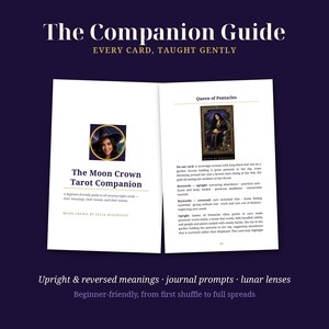 May include: An open book titled The Moon Crown Tarot Companion featuring a circular portrait of a person in a witch hat. The right page displays the Queen of Pentacles tarot card with text detailing upright and reversed meanings.