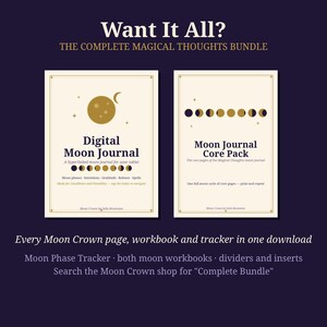 Pode incluir: Duas capas de di&aacute;rio digital em um fundo escuro. A capa esquerda diz Digital Moon Journal com um gr&aacute;fico de lua dourada. A direita diz Moon Journal Core Pack com uma sequ&ecirc;ncia de fases da lua. O texto inclui Want It All e Every Moon Crown page.