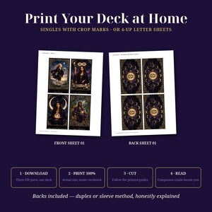 May include: Two printable sheets for a tarot deck. The left sheet displays four unique card fronts with figures, while the right sheet shows four identical card backs featuring a moon and star pattern. Text includes Print Your Deck at Home.