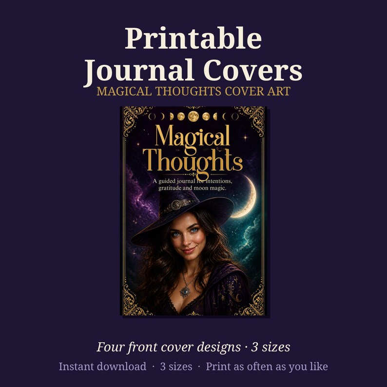 Printable Journal Covers | Magical Thoughts Witchy Cover Art | Celestial, Enchanted Garden, Full Moon | Binder Cover PDF image 1