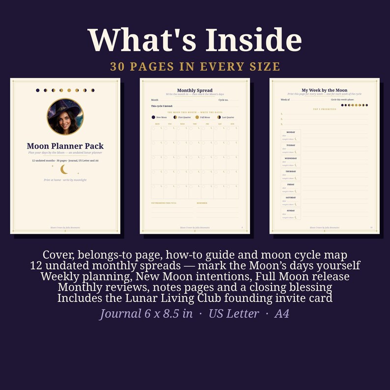 Moon Planner Pack | Undated Lunar Planner | Moon Phase Monthly and Weekly Planner Pages | Witchy Planner PDF | Moon Journal image 2