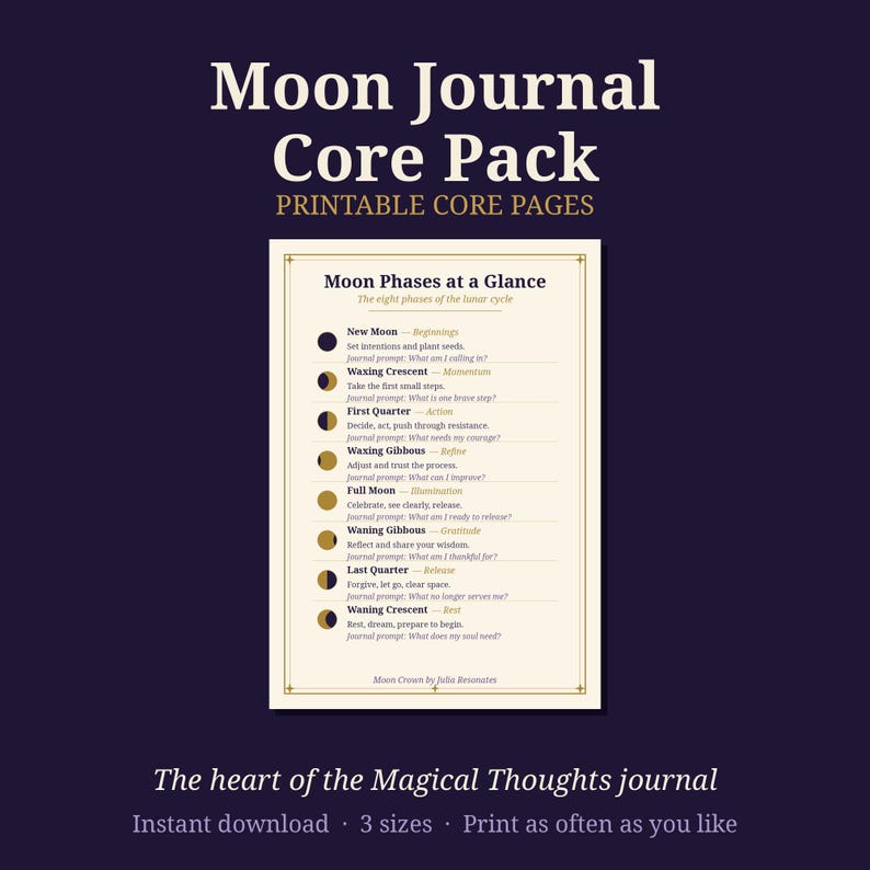 Moon Journal Core Pack Printable | Moon Phases Chart, New Moon Intentions, Gratitude and Full Moon Pages | Witchy Planner PDF image 1